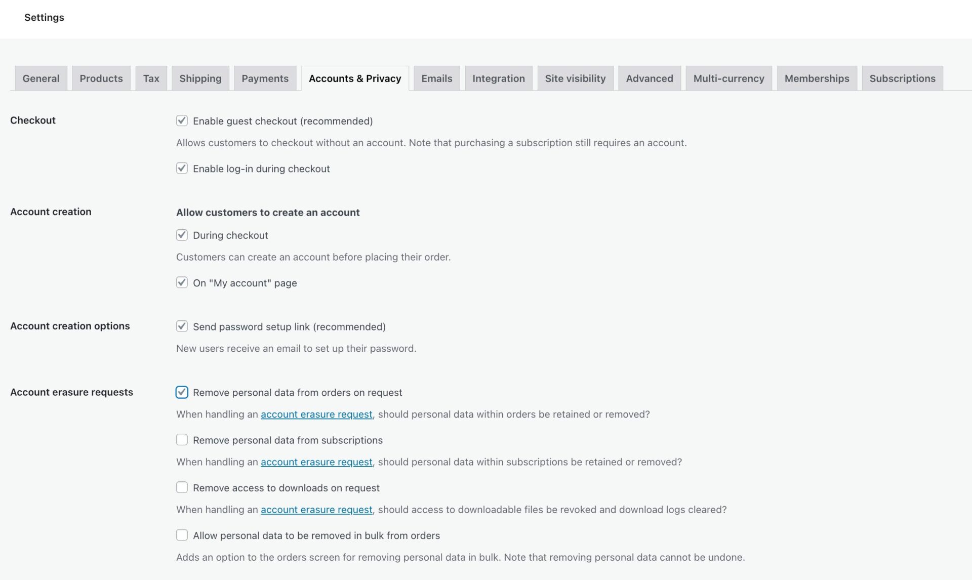 Настройки учетных записей и конфиденциальности WooCommerce