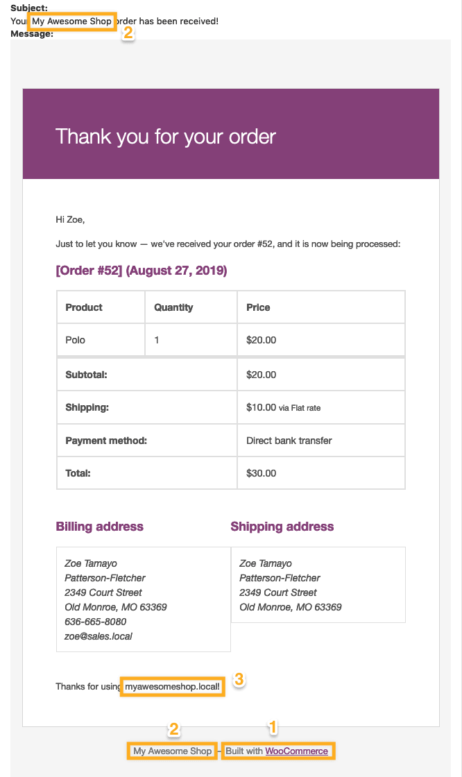 Пример письма с надписью Создано на WooCommerce
