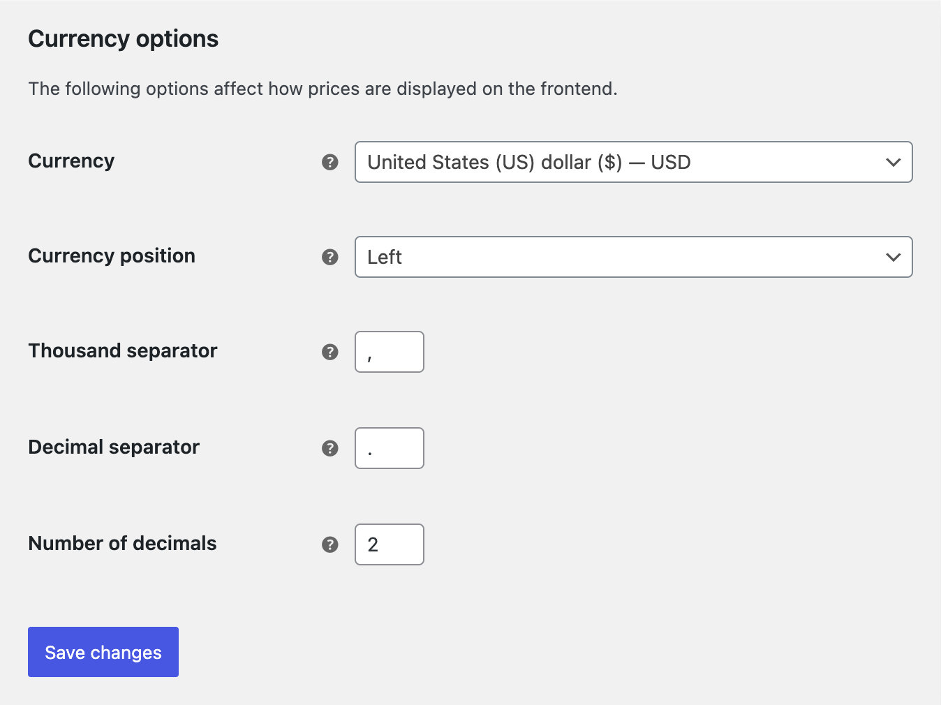 Настройки валюты WooCommerce