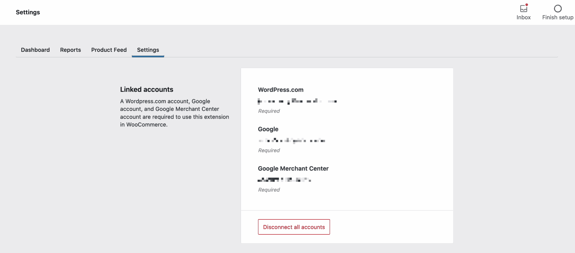 Экран настроек отключения Google для WooCommerce с кнопкой отключения аккаунтов