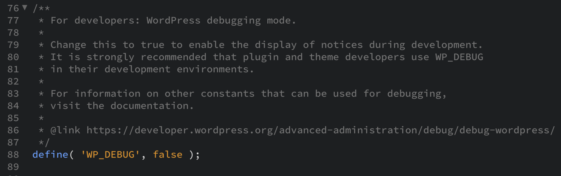 Файл wp-config.php с настройкой отладки WordPress