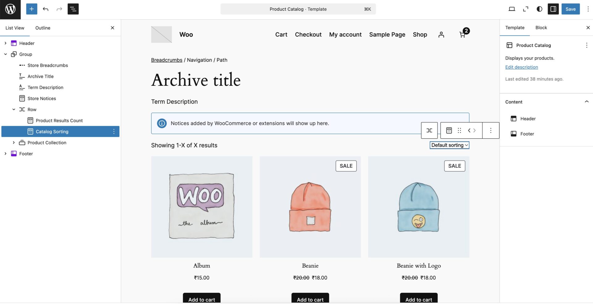 Выбор шаблона каталога товаров в редакторе WooCommerce