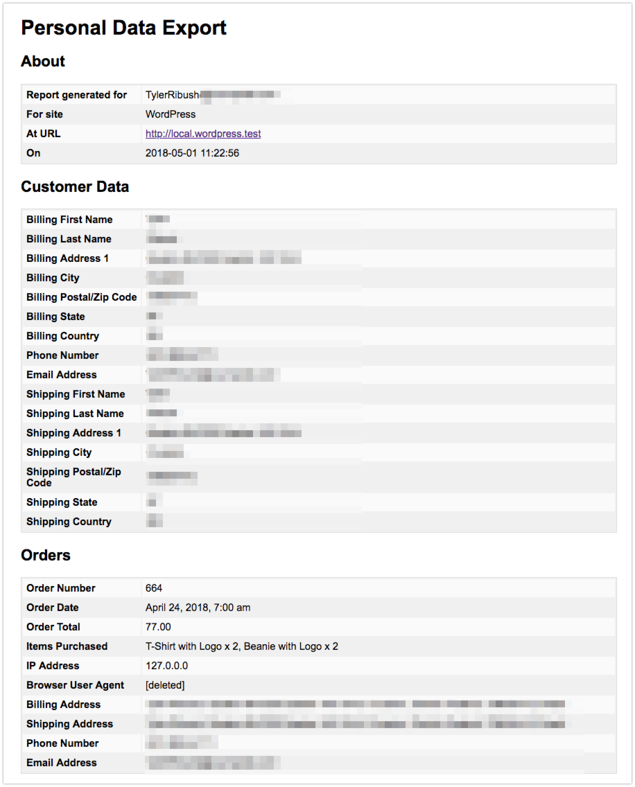 Пример файла экспорта персональных данных WooCommerce