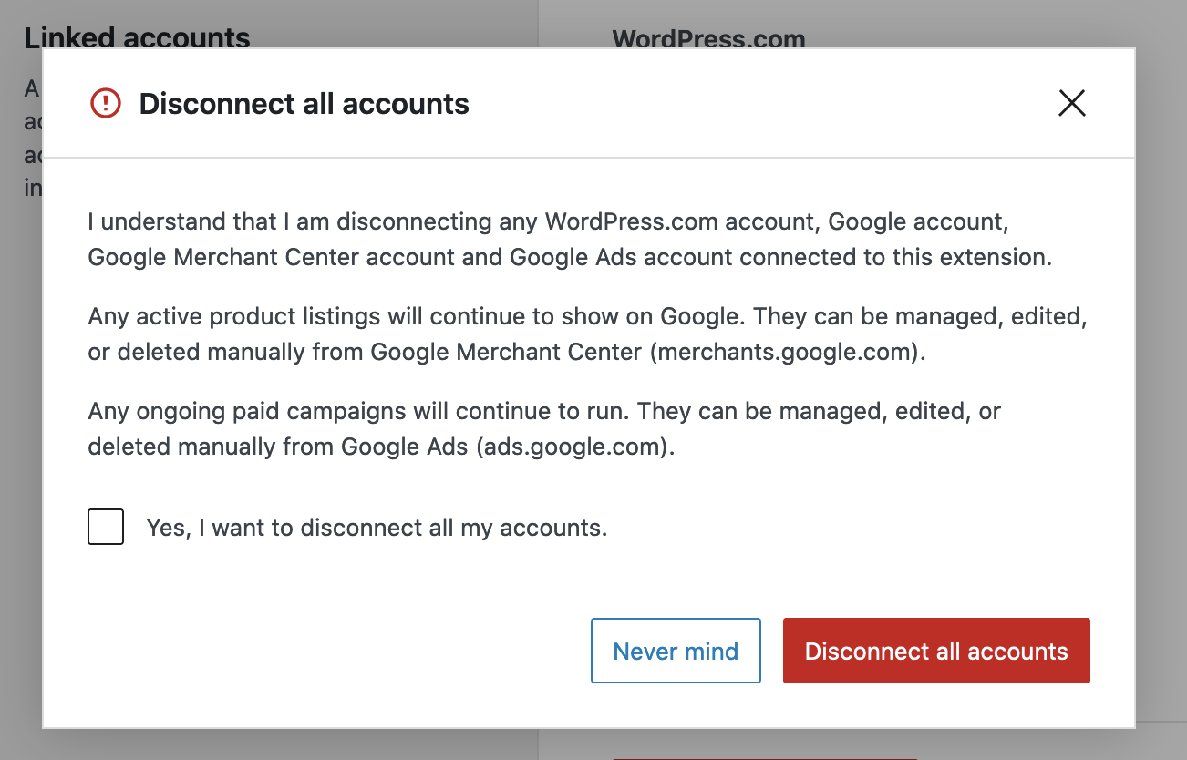 Всплывающее окно подтверждения отключения аккаунтов Google