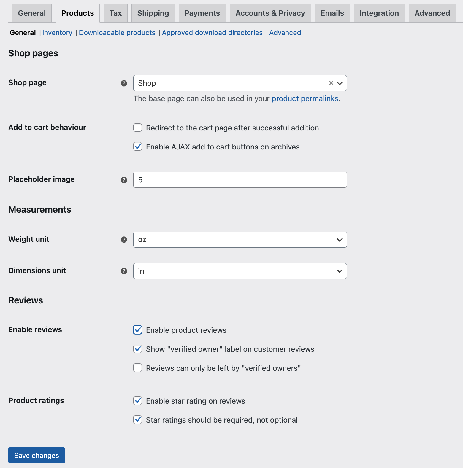 Экран настроек WooCommerce: Товары → Общие