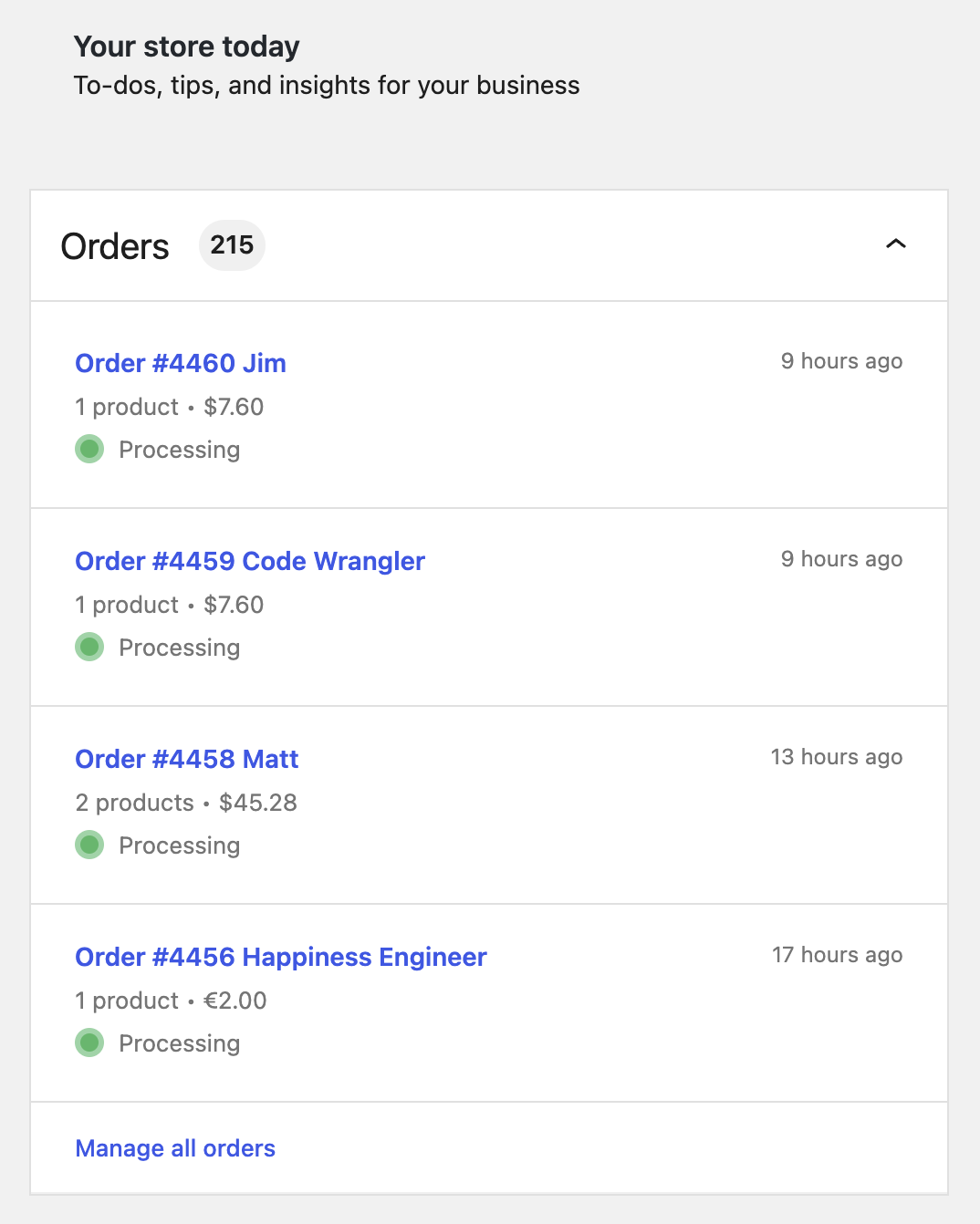 Панель заказов на главном экране WooCommerce