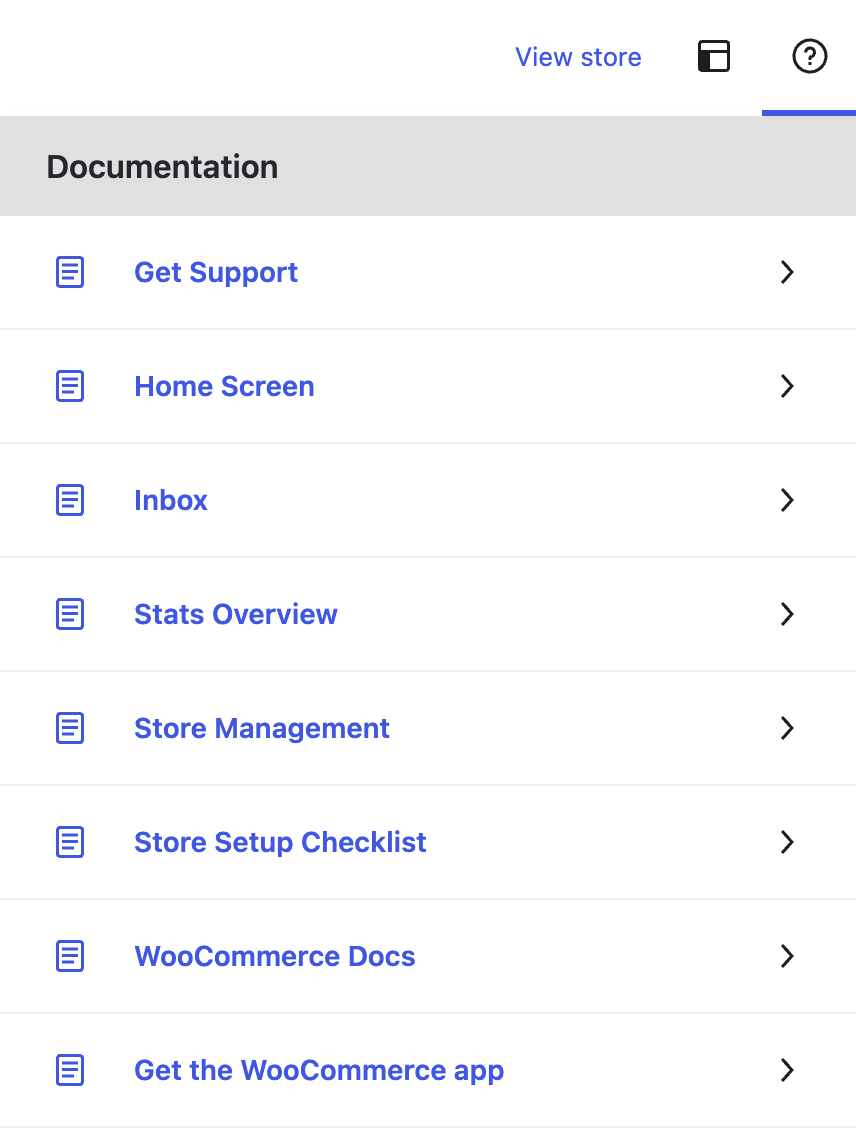 Меню справки WooCommerce